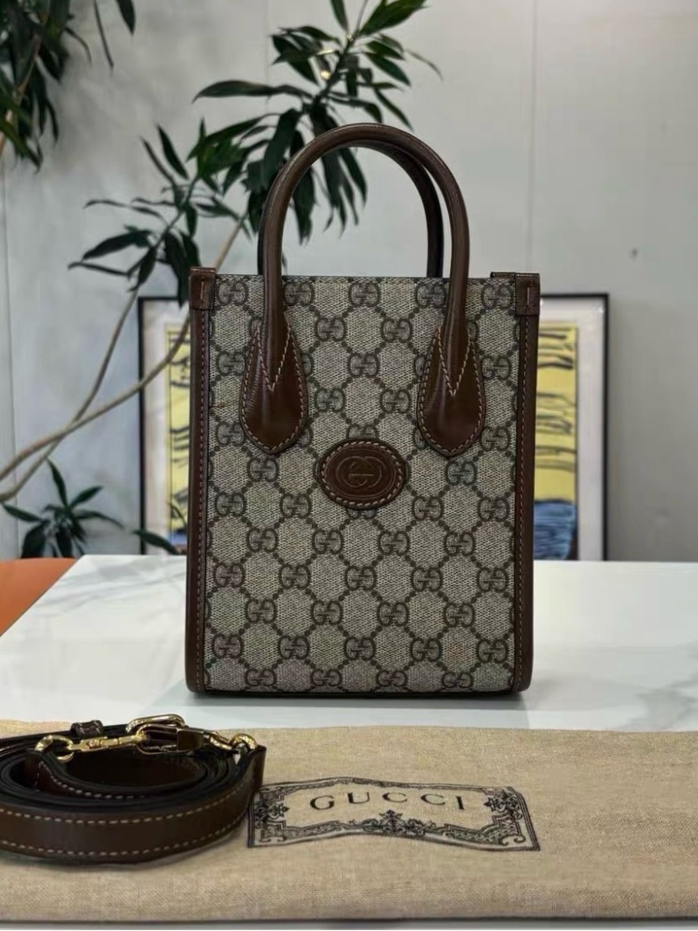 Gucci Brown GG Canvas Mini Tote with Leather Trim